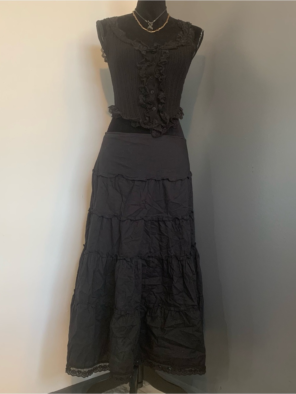 FANG Black Tiered Maxi Skirt with Lace Hem